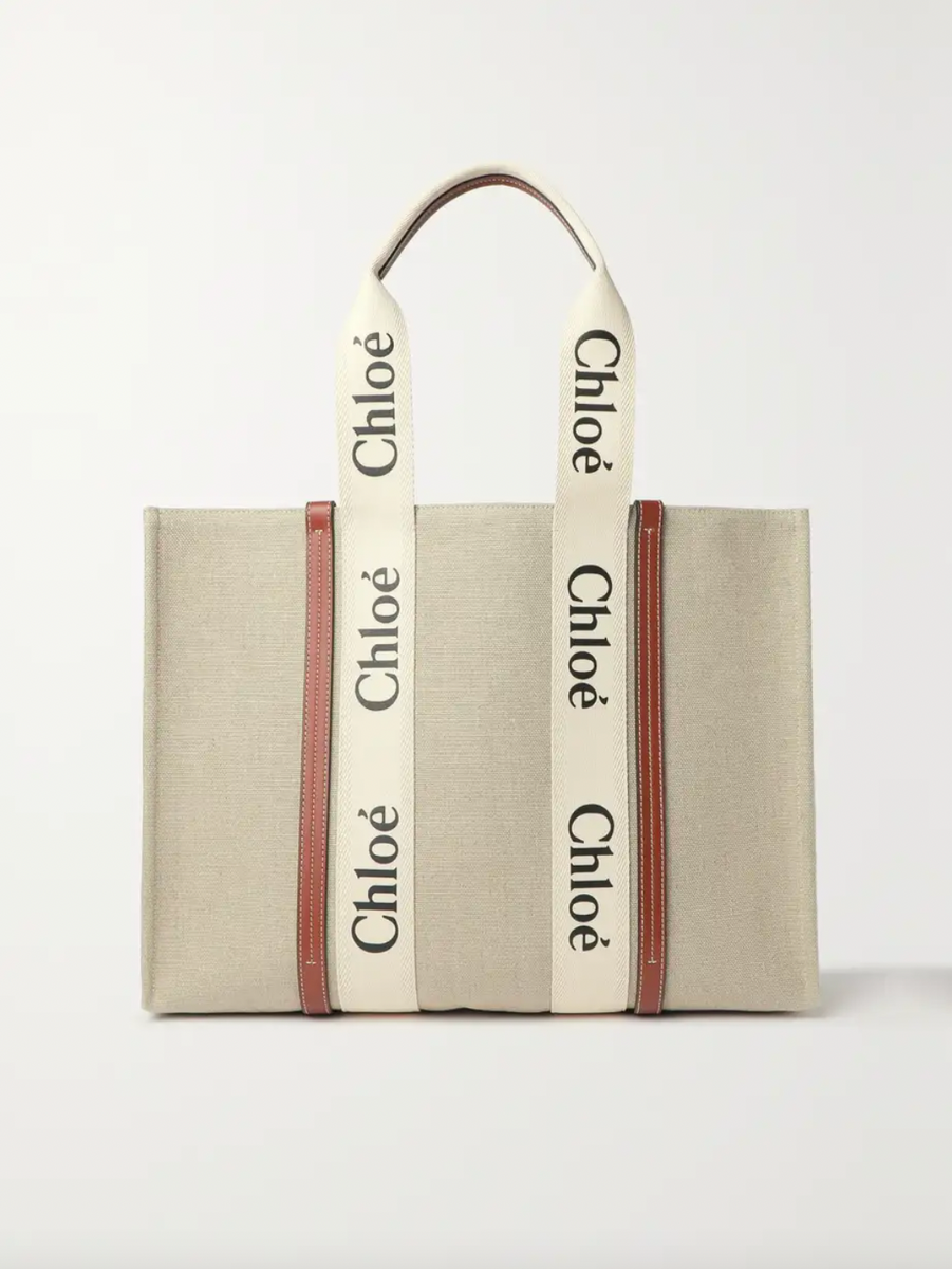 Woody large leather-trimmed linen tote – Petite Chérie