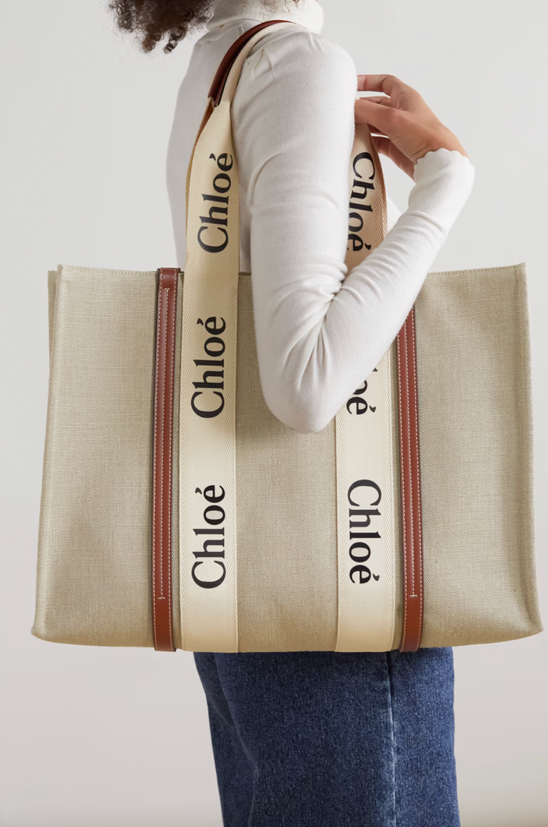 Woody large leather-trimmed linen tote – Petite Chérie
