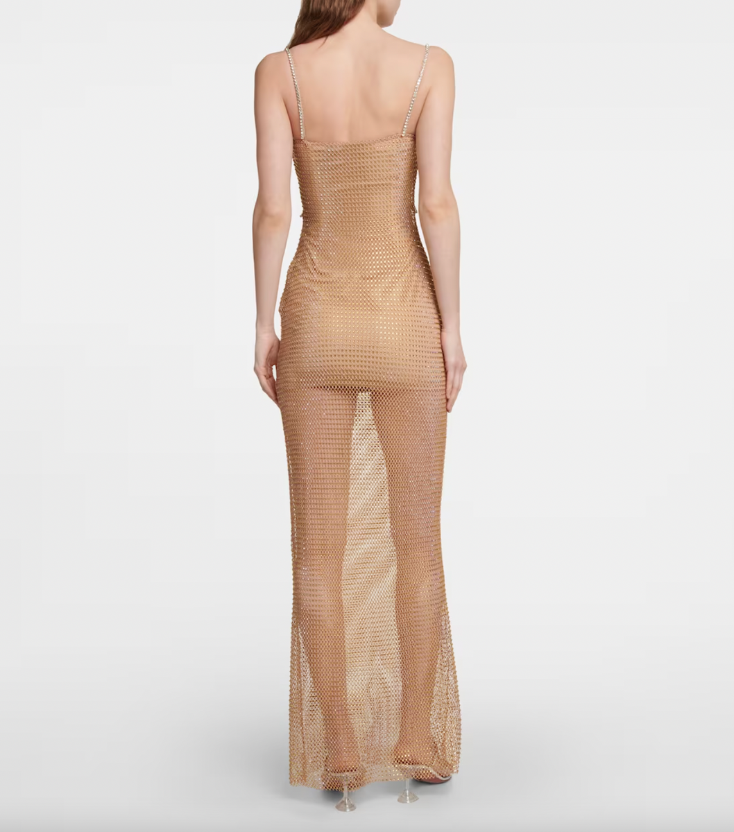 cream square rhinestone fishnet maxi dress Self-Portrait Cream Square Rhinestone Fishnet Maxi Dress
