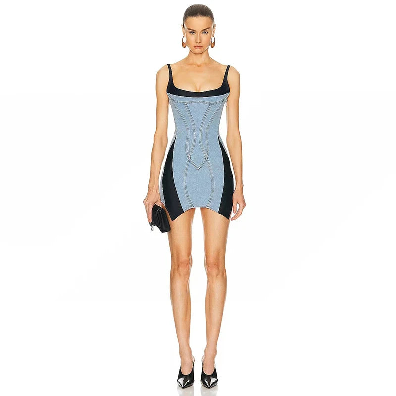 MUGLER Blue & Black Paneled Denim Minidress