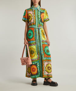 Expertly crafted with a fitted shirtdress silhouette, the Disco Daisy Shirtdress by Alemais exudes effortless style. Its shaped collar and stand add a touch of sophistication, while the concealed placket and self tie belt offer a flattering fit. With a subtle flair in the skirt, make a statement in this multi-coloured dress.