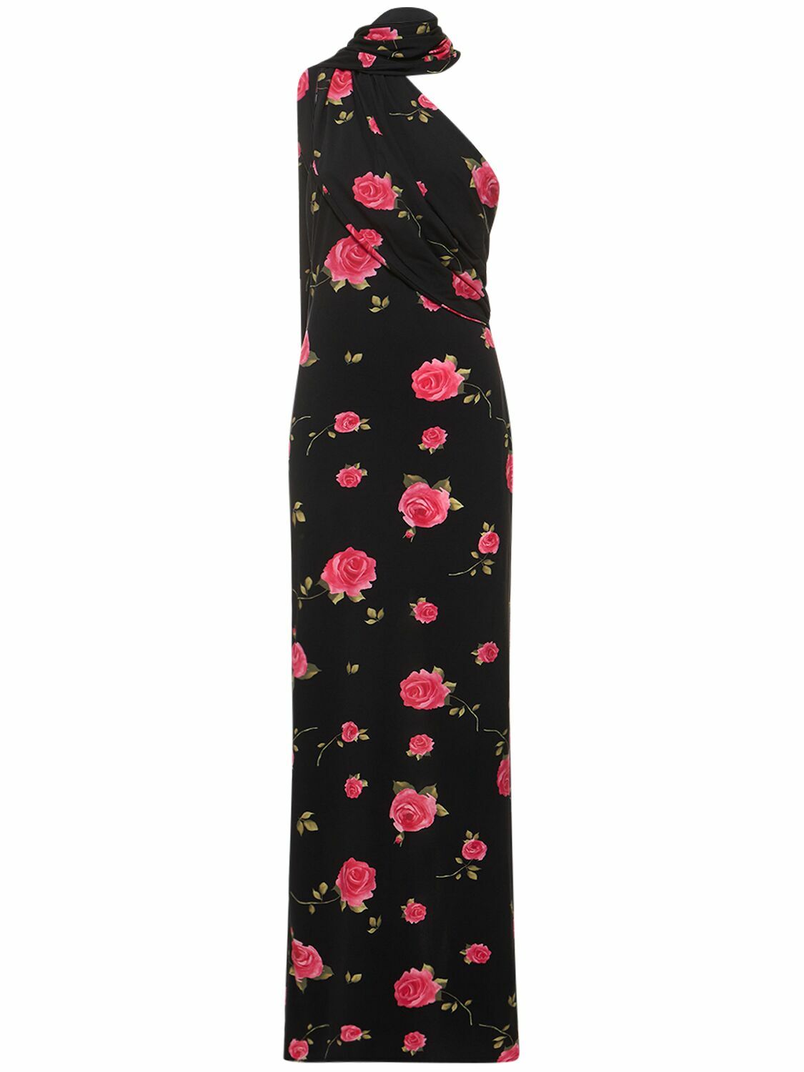 Introducing the luxurious Rose Print Jersey Long Dress by Magda Butrym. This stunning dress features a back zip closure and center back slit for ease of wear and a flattering silhouette. The non-detachable scarf panel adds a touch of elegance and the all over print placement may vary, making each dress unique. Elevate your wardrobe with this must-have piece.