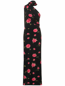 Introducing the luxurious Rose Print Jersey Long Dress by Magda Butrym. This stunning dress features a back zip closure and center back slit for ease of wear and a flattering silhouette. The non-detachable scarf panel adds a touch of elegance and the all over print placement may vary, making each dress unique. Elevate your wardrobe with this must-have piece.