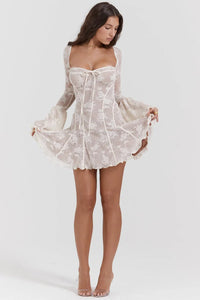 Get ready to turn heads in the Mini Dress Annalisa! With elegant flare sleeves, a daring backless design, and a fashion-forward square collar, this dress is perfect for any occasion. The stunning lace and pleated details add a touch of sophistication to this must-have piece. Elevate your style with this beautiful and versatile mini dress.