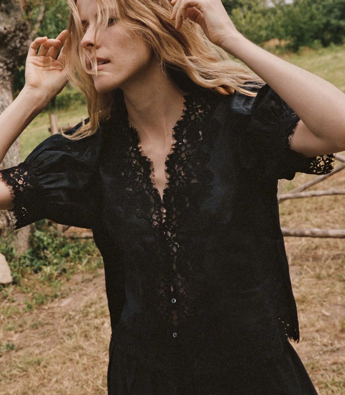 Crafted from lightweight, crisp ramie, the Idella Top from Doen features a plunging V-neckline, short puffed sleeves, and intricate embroidered lace details. Mother-of-pearl buttons adorn the front, while lace insets add delicate touches. This antique-inspired top is perfect for a breezy, feminine look.