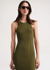 Elevate your style game with our TOTEME Khaki Seamless Midi Dress. Made from a luxurious rib knit blend of viscose and recycled nylon, this dress molds to your body for a flawless fit. Perfect for any occasion, this dress exudes sophistication and exclusivity.