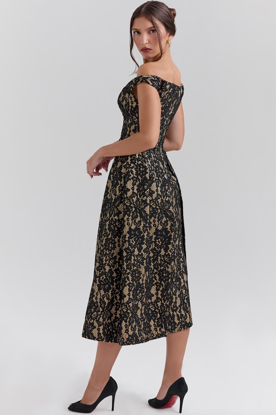 Black Gold Lace Midi Gown Petite Chrie Black Gold Lace Midi Gown Petite Chrie