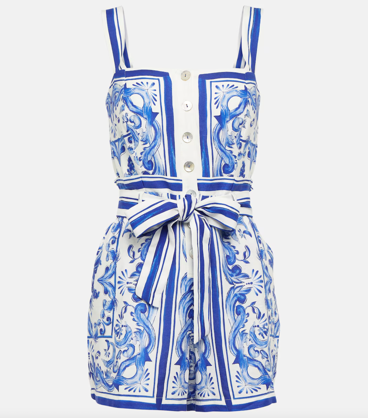 Expertly crafted from a luxurious linen blend, the Printed Romper by Farm Rio features a beautiful Garden Tiles Off-White designer color. With convenient side slit pockets, this romper combines style and function for a versatile and chic addition to your wardrobe.