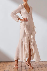 Get ready to turn heads in the Charlotte Ruffle Dress by Shona Joy! This stunning dress boasts a plunging V-neckline, blouson sleeves, and charming ruffle details. Perfect for a romantic and feminine look, pair it with hoop earrings and stilettos for a show-stopping ensemble.