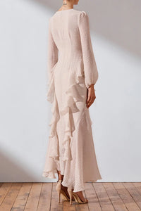 Get ready to turn heads in the Charlotte Ruffle Dress by Shona Joy! This stunning dress boasts a plunging V-neckline, blouson sleeves, and charming ruffle details. Perfect for a romantic and feminine look, pair it with hoop earrings and stilettos for a show-stopping ensemble.