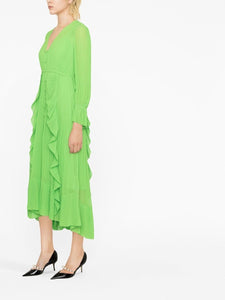 Meet your new favorite dress. This Self-Portrait pleated ruffled midi dress is designed to make you feel effortlessly chic and confident. The intricate pleating and romantic ruffles add feminine flair while the midi length is perfect for any occasion. Experience the perfect blend of style and comfort.