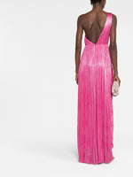 Load image into Gallery viewer, Indulge in luxury and sophistication with Maria Lucia Hohan&#39;s Esther One-shoulder Gown. Expertly crafted from lustrous silk, this floor-length gown features a striking metallic raspberry pink hue and a thigh-high slit for a modern touch. With elegant draped detailing, an open back, and a concealed zip fastening, this one-shoulder gown is the perfect addition to your wardrobe collection.
