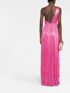 Indulge in luxury and sophistication with Maria Lucia Hohan's Esther One-shoulder Gown. Expertly crafted from lustrous silk, this floor-length gown features a striking metallic raspberry pink hue and a thigh-high slit for a modern touch. With elegant draped detailing, an open back, and a concealed zip fastening, this one-shoulder gown is the perfect addition to your wardrobe collection.