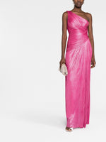 Load image into Gallery viewer, Indulge in luxury and sophistication with Maria Lucia Hohan&#39;s Esther One-shoulder Gown. Expertly crafted from lustrous silk, this floor-length gown features a striking metallic raspberry pink hue and a thigh-high slit for a modern touch. With elegant draped detailing, an open back, and a concealed zip fastening, this one-shoulder gown is the perfect addition to your wardrobe collection.
