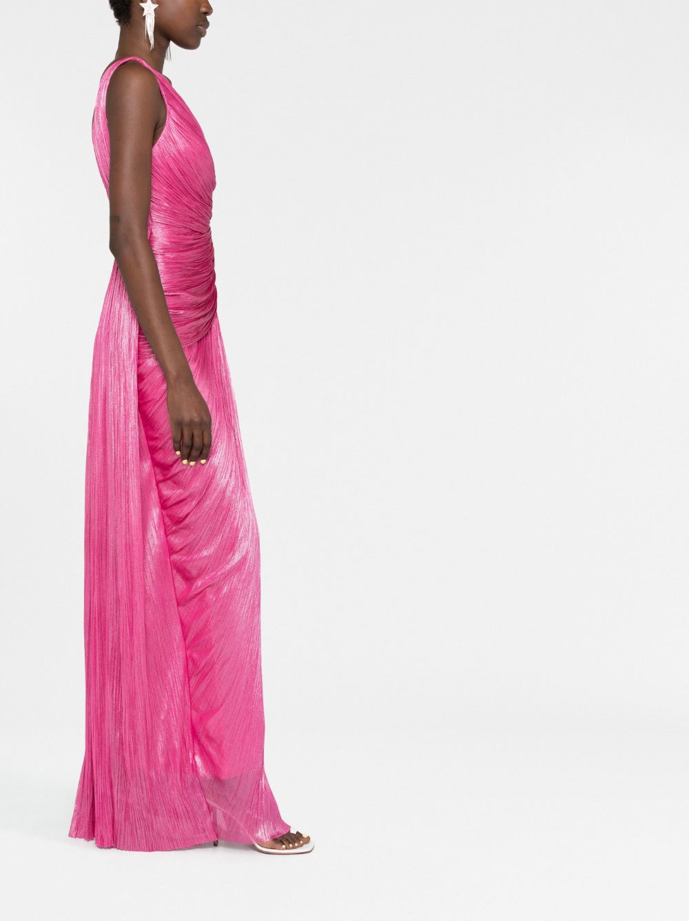 Indulge in luxury and sophistication with Maria Lucia Hohan's Esther One-shoulder Gown. Expertly crafted from lustrous silk, this floor-length gown features a striking metallic raspberry pink hue and a thigh-high slit for a modern touch. With elegant draped detailing, an open back, and a concealed zip fastening, this one-shoulder gown is the perfect addition to your wardrobe collection.