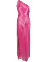 Load image into Gallery viewer, Indulge in luxury and sophistication with Maria Lucia Hohan&#39;s Esther One-shoulder Gown. Expertly crafted from lustrous silk, this floor-length gown features a striking metallic raspberry pink hue and a thigh-high slit for a modern touch. With elegant draped detailing, an open back, and a concealed zip fastening, this one-shoulder gown is the perfect addition to your wardrobe collection.
