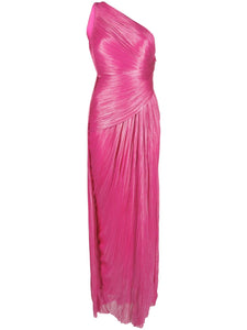 Indulge in luxury and sophistication with Maria Lucia Hohan's Esther One-shoulder Gown. Expertly crafted from lustrous silk, this floor-length gown features a striking metallic raspberry pink hue and a thigh-high slit for a modern touch. With elegant draped detailing, an open back, and a concealed zip fastening, this one-shoulder gown is the perfect addition to your wardrobe collection.