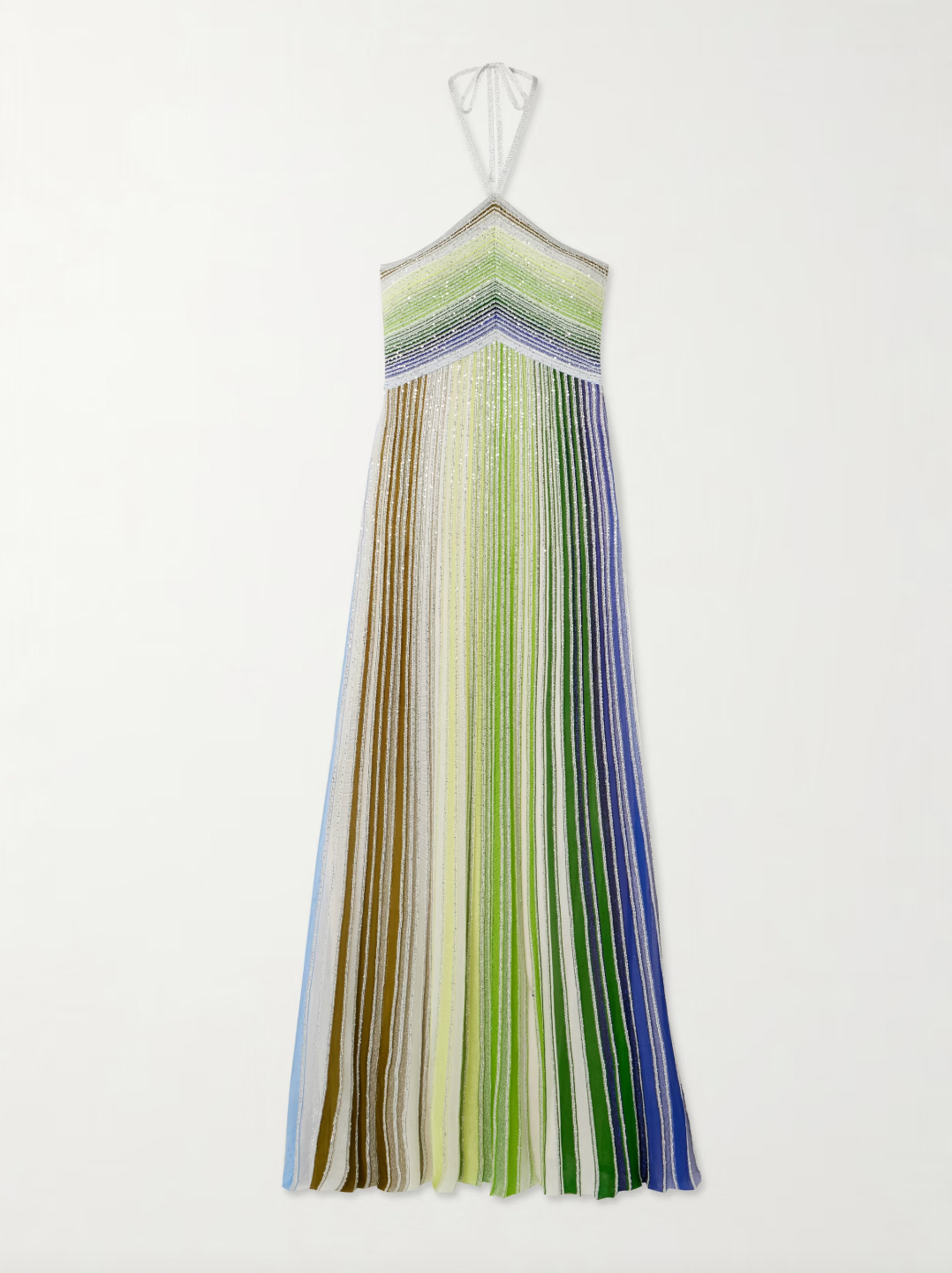 Missoni’s Sequin-embellished Metallic Crochet-knit Halterneck Maxi Dress elevates occasion dressing with vibrant style. Crafted in Italy with metallic threads, its vivid striped pattern catches the eye, while shimmering sequins add an elegant sparkle. The silver halterneck strap beautifully frames the collarbones, making this dress a stunning choice for any special event.
