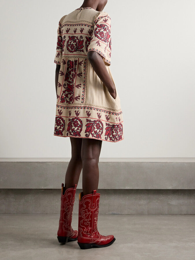 Indulge in elegance with the Beena Crochet Mini Dress by SEA. Crafted with delicate cross stitching embroidery and short sleeves, this dress boasts a mini silhouette for a touch of sophistication. Perfect for any occasion, elevate your wardrobe with this exclusive piece.