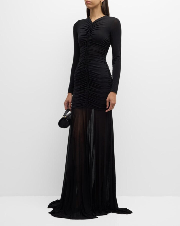 The Fawn Ruched Column Gown blends graceful elegance with exceptional comfort, featuring soft jersey fabric and a sheer skirt that flows beautifully. Its partially lined design and hidden back zipper ensure a flawless fit and easy dressing. Thoughtful ruching at the front and back enhances your silhouette, making it a perfect choice for any event where effortless style matters. Elevate your look with this sophisticated yet comfortable gown.