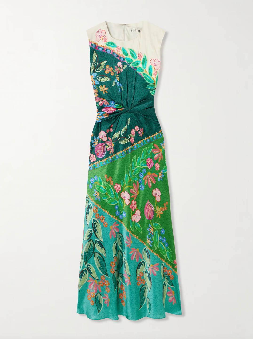 Elevate your wardrobe with the Gwen Twisted Draped Floral-print Silk Maxi Dress in Terrazzo by Saloni. Crafted from luxurious silk, it offers a flattering crew neckline and a uniquely twisted waist that enhances your silhouette. The straight skirt adds elegant movement, making it perfect for both daytime events and evening occasions. Experience comfort and style in one stunning dress designed to turn heads effortlessly.