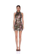 Load image into Gallery viewer, Unleash your daring side with the Leona Embroidered Mini Dress by Bronx and Banco. Make a statement in this elegant dress, featuring intricate sequin appliqué and a delicate scalloped hem and trim. With a halterneck and strapless design, a solid lining, and a back zipper closure, this dress is perfect for any bold and adventurous fashion lover!
