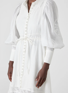 Indulge in luxury with Theodora Embroidery Dress by Joslin. The timeless shirt maxi dress boasts a classic collar and fit for a strong silhouette. The stunning ramie organdy sleeves and skirt hem panel add a touch of sophistication. Perfect for any occasion, elevate your wardrobe with this timeless piece.