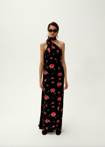 Introducing the luxurious Rose Print Jersey Long Dress by Magda Butrym. This stunning dress features a back zip closure and center back slit for ease of wear and a flattering silhouette. The non-detachable scarf panel adds a touch of elegance and the all over print placement may vary, making each dress unique. Elevate your wardrobe with this must-have piece.