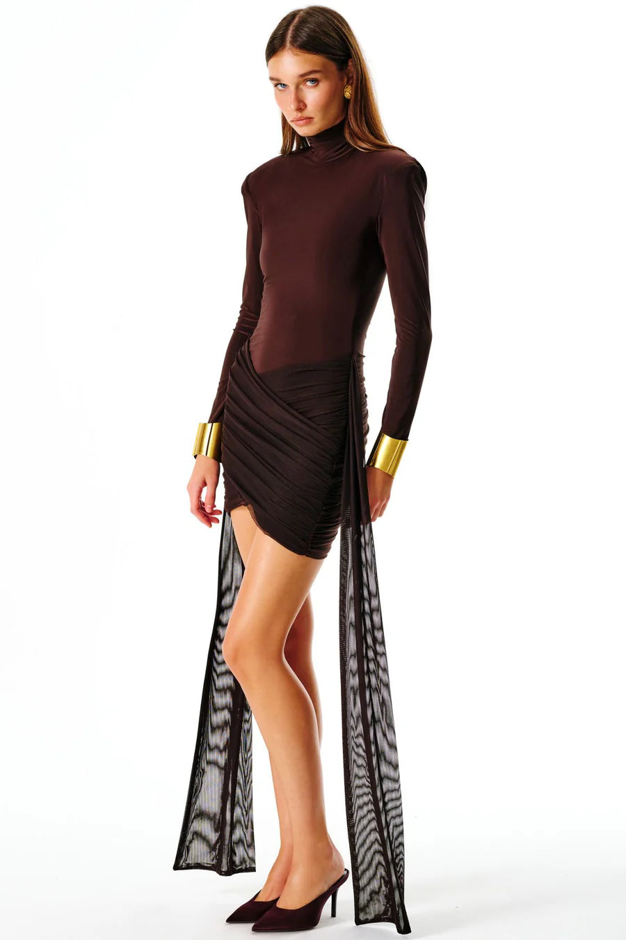 Indulge in luxury with the Sherryl Mini Dress. Soft draping and an unforgettable silhouette create a moment worth remembering. Crafted from signature stretch mesh and slinky jersey, this long sleeve mini boasts an ultra-high neck, flattering ruched skirt, and a long waist tie. Complete with an invisible closure at the back.