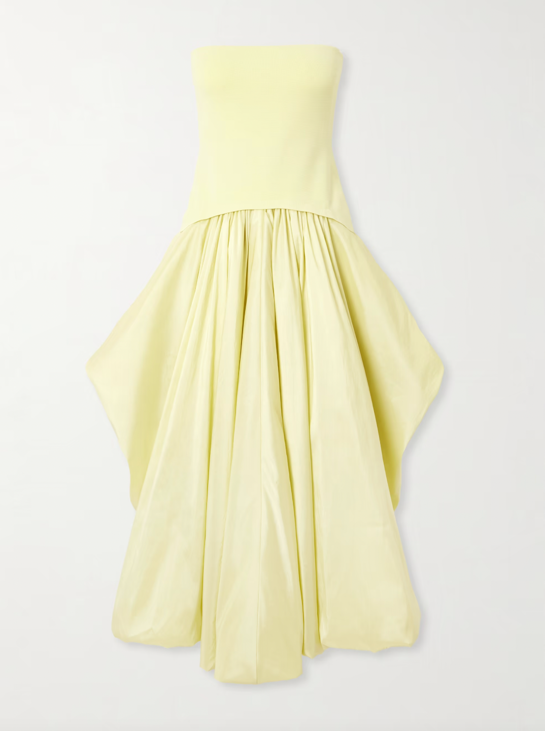 Experience elegance with SIMKHAI’s Izzy Stretch-knit and Gathered Taffeta Midi Dress. Featuring a fitted stretch-knit bodice and a voluminous taffeta skirt in a radiant Sunglow yellow, this strapless design sculpts your silhouette with a gathered waist and an eye-catching asymmetric bubble hem. Perfectly balanced and uniquely stylish, it’s an unforgettable choice for making a bold, sophisticated statement.
