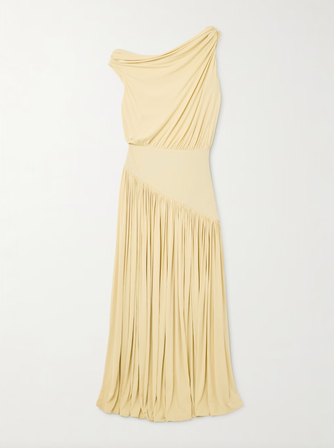 Discover effortless elegance with the Gwen Asymmetric Draped Jersey Dress by Abadia. Crafted from luxuriously soft stretch-bamboo fabric, this stunning piece features a sophisticated one-shoulder design that flatters every frame. Artfully draped details flow gracefully from the fitted top through the skirt, creating a silhouette that's both modern and timelessly chic. 