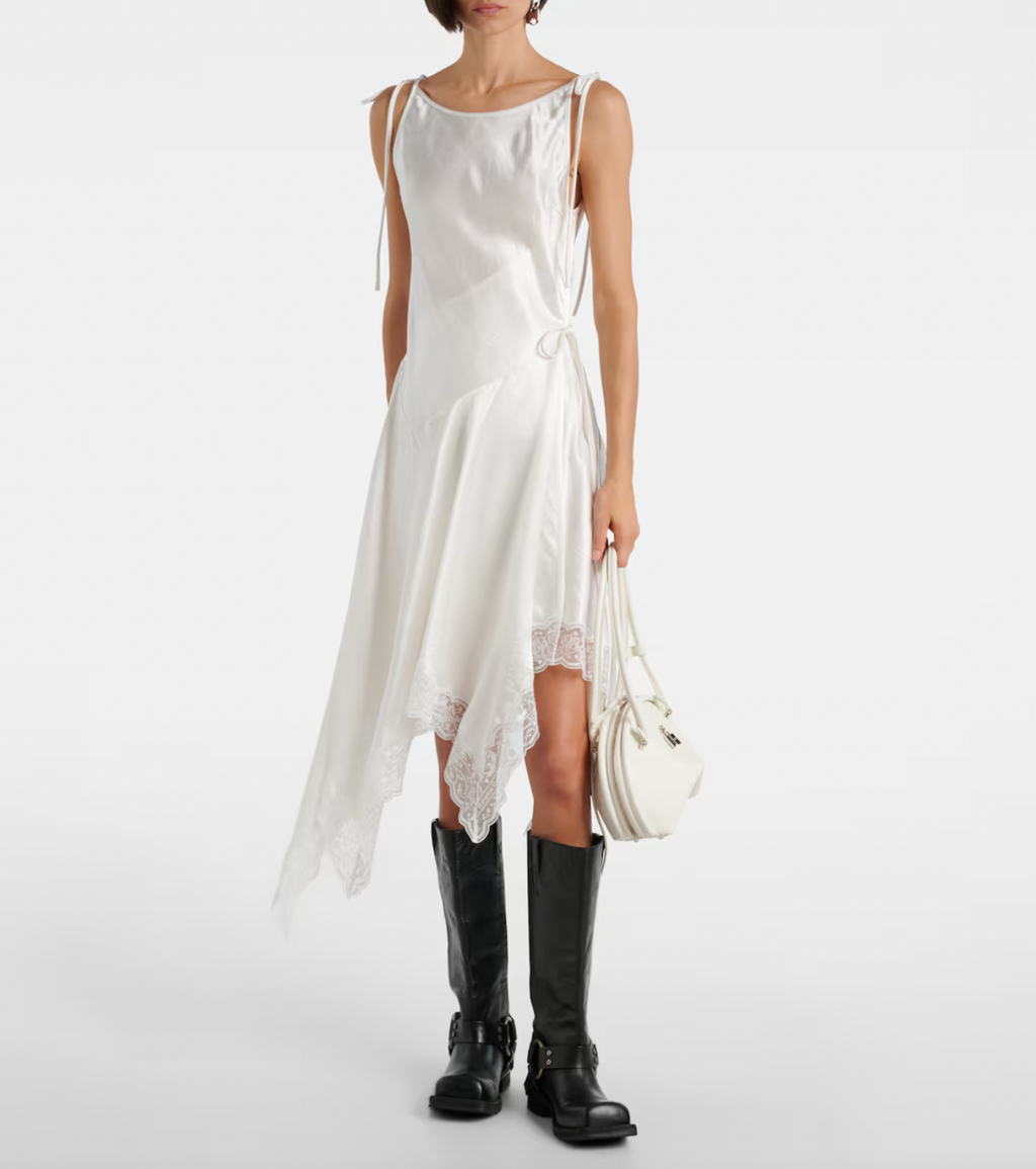Embrace understated elegance with this satin minidress from Stockholm’s Acne Studios. Its smooth fabric skims the body while delicate lace trims add a feminine touch to the asymmetric hem, creating a modern yet romantic silhouette. Perfect for making a subtle statement, this dress effortlessly blends Scandinavian cool with alluring detail.