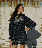 Load image into Gallery viewer, Take a risk with the Beatrice Mini Dress from DÔEN! With delicate crochet-lace and gingham trims, this dress is sure to bring an adventurous touch to your wardrobe. The gathered cotton-poplin fabric adds volume and the vintage-inspired print completes the romantic look.
