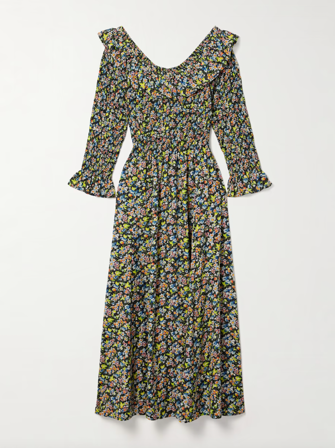 This Rosenda Voile Midi Dress by Doen is perfect for a breezy spring day. The shirred bodice and flouncy ruffles add playful touches to the dress, while the colorful flower print adds a touch of charm. The scooped neckline and off-the-shoulder option give you versatility in styling. Flattering and fun, this dress is a must-have for your wardrobe.