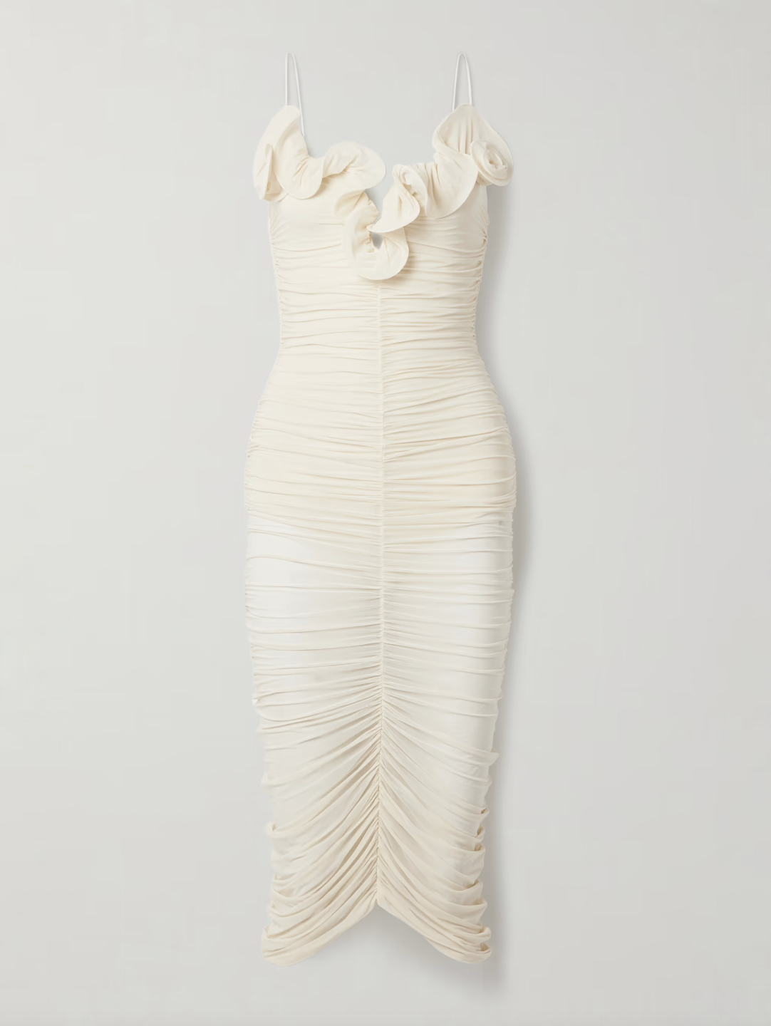 Magda Butrym's dress is underpinned with a built-in bodysuit that adds coverage to the otherwise sheer design. It's made from stretch-mesh that's intricately ruched throughout and has a ruffled neckline fitted with boning to keep its wavy shape. Complete your outfit with equally feminine accessories.