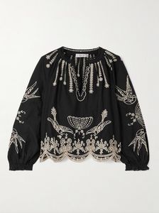 This Kingsley embroidered cotton-poplin blouse by SEA combines delicate craftsmanship with effortless style. Crafted from soft cotton-poplin, it features charming floral and bird embroidery alongside elegant swirling patterns. The loose fit enhances comfort, while scalloped edges and crocheted trims along the notched neckline add a touch of refined detail. Perfect for elevating any outfit with graceful ease.