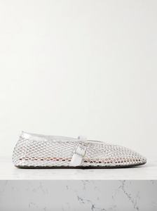 Elevate your wardrobe with Alaïa's modern take on the classic ballet flat. Crafted in Italy from silver mesh and metallic leather straps, these flats add a touch of glamour to any ensemble. With their comfortable round toes, they're perfect for everyday wear.