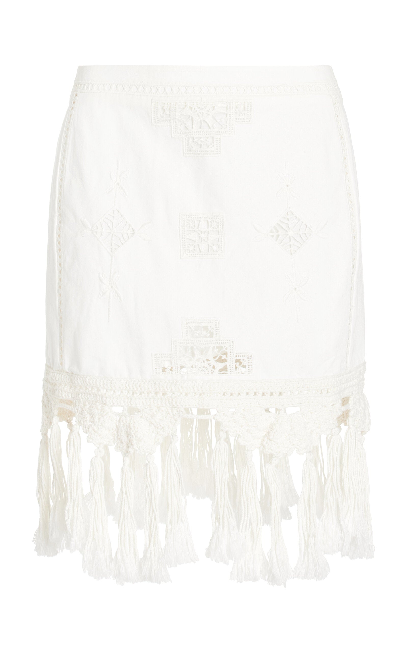 The Sanda Macrame-Trimmed Cotton Mini Skirt by Isabel Marant combines breathable cotton fabric with delicate embroidery and intricate macrame yarn tassels, offering both comfort and a refined artisanal touch. Ideal for warm weather, this skirt blends natural materials and expert craftsmanship to elevate your casual wardrobe with unique texture and style.