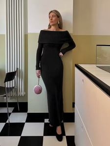 This knitted midi dress offers a perfect balance of comfort and sophistication. Crafted from stretchy knit fabric, it ensures ease of movement with a relaxed fit. The folded off-shoulder neckline adds an elegant flair, complemented by long sleeves featuring subtle slit details for a refined, contemporary look. Ideal for sophisticated casual occasions, this dress delivers effortless style without compromising on wearability.