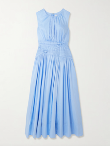 The Agatha Poplin Midi Dress by Aje features a flattering gathered, knotted waist that accentuates your silhouette. Crafted from soft cotton-poplin, it offers gentle pleats that add volume and flow elegantly to a midi length. In a versatile Powder Blue shade, this dress pairs beautifully with gold, silver, or pearl accessories, making it a perfect choice for both casual and refined occasions.