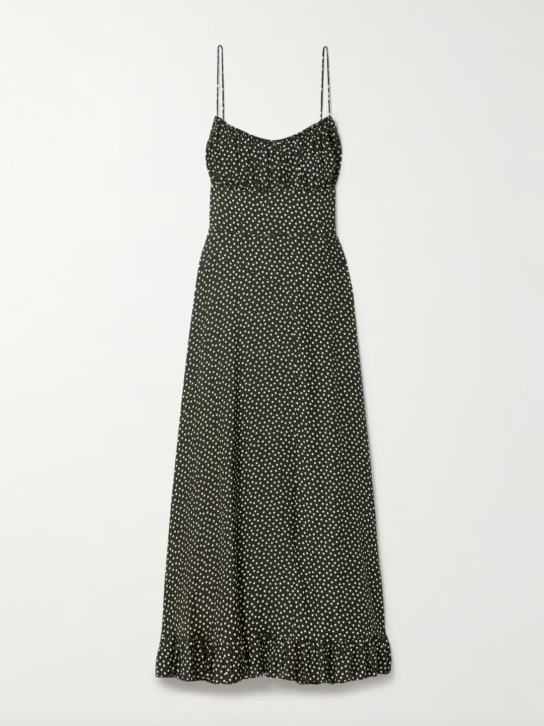 DÔEN's Rosaria midi dress elegantly combines form and detail with its polka-dot silk-blend fabric. Designed with precisely placed panels, it accentuates the silhouette by creating a subtle 'V' shape at the waist, enhancing your natural curves. The gathered bust paired with delicate pin-thin shoulder straps offers refined support while the ruffled hem adds graceful movement, making it a sophisticated choice for any occasion.