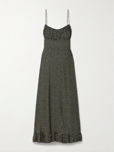 DÔEN's Rosaria midi dress elegantly combines form and detail with its polka-dot silk-blend fabric. Designed with precisely placed panels, it accentuates the silhouette by creating a subtle 'V' shape at the waist, enhancing your natural curves. The gathered bust paired with delicate pin-thin shoulder straps offers refined support while the ruffled hem adds graceful movement, making it a sophisticated choice for any occasion.