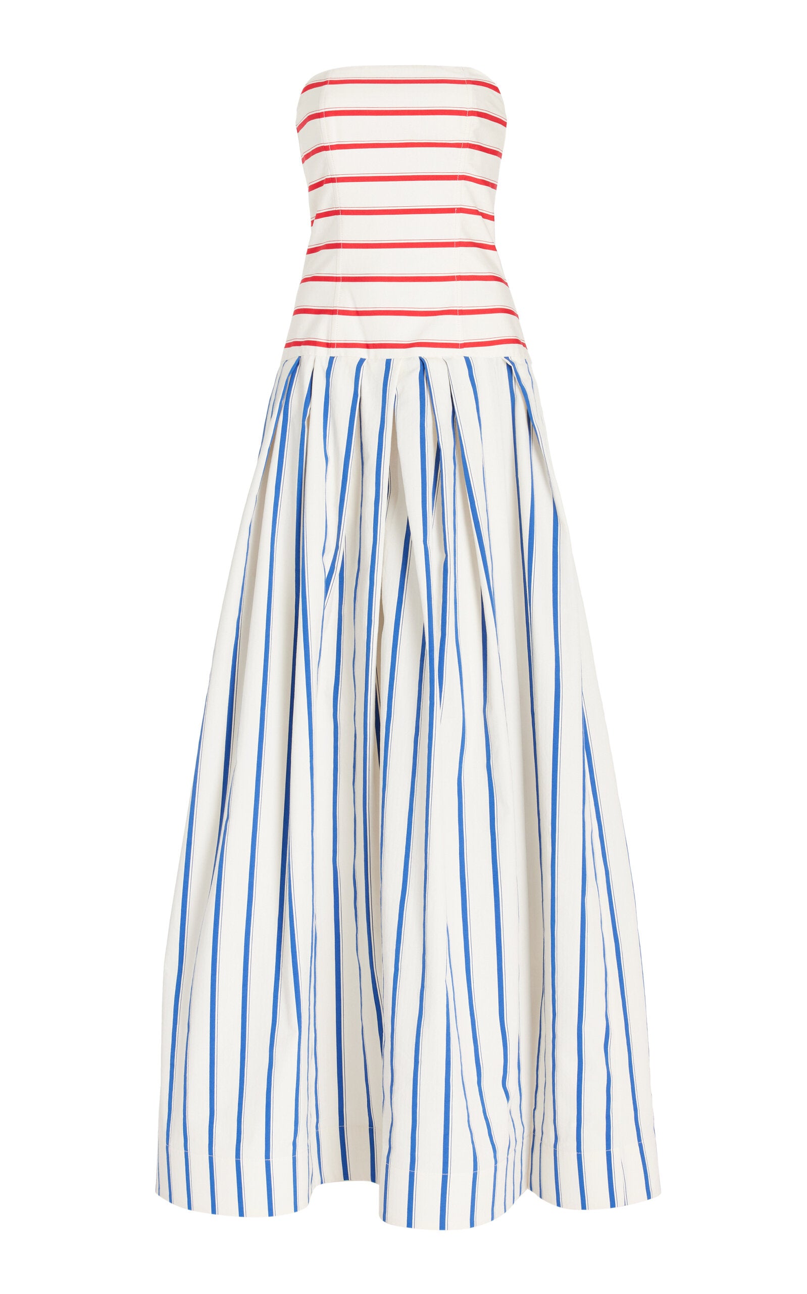 This strapless striped cotton gown by Rosie Assoulin features a sophisticated drop-waist silhouette that flatters the figure while offering comfort. Crafted from breathable cotton, its clean lines and bold stripes create a modern yet timeless look, ideal for elegant occasions where effortless style is paramount.