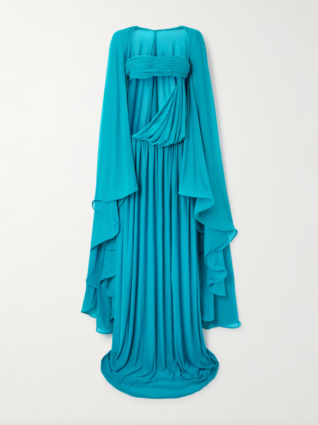 Experience the elegance of Christopher Esber’s Gyre dress, a stunning blend of volume and fluidity. Crafted from soft jersey, this maxi dress features a graceful cape-effect overlay and a bandeau bodice that cascades to a floor-length hem, creating effortless movement. Its vibrant turquoise hue draws attention, while the design’s delicate draping highlights your silhouette. Perfectly paired with silver jewelry, this statement piece embodies refined sophistication for any special occasion.