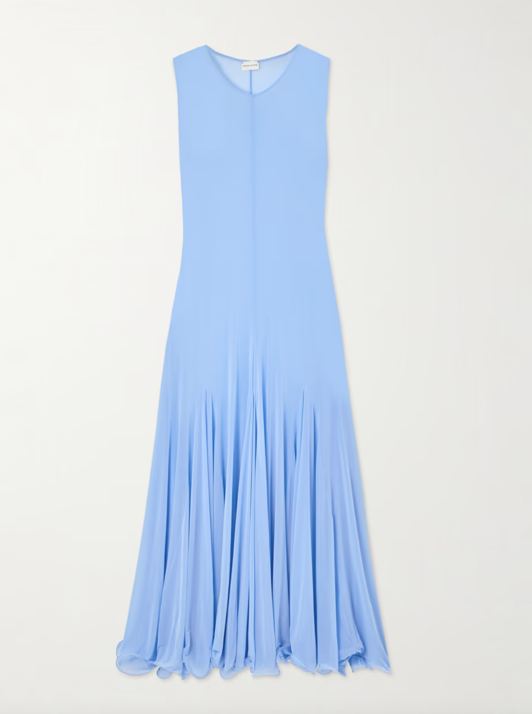 This Pleated Jersey Maxi Dress embodies Magda Butrym's signature style, with unexpected fabrics and unconventional details. The lightweight jersey fabric gracefully drapes over your body, while the artful pleating on the skirt adds a touch of elegance. Keep the sheer finish in mind when selecting your undergarments. Elevate your wardrobe with this luxury piece.