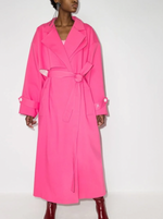 Load image into Gallery viewer, This pink ANOUKI oversized belted trench coat is designed with a wrap silhouette. Boasting a sparkling A logo to the buttoned cuff tab, it features large notched lapels, dropped shoulders, long sleeves, a back storm flap and centre vent, slip side pockets, belt loops and a self-fabric tie belt. Project Runway taught us how to &#39;make it work,&#39; now flaunt what ANOUKI made you and say Auf Wiedersehen to the other coat-estants.
