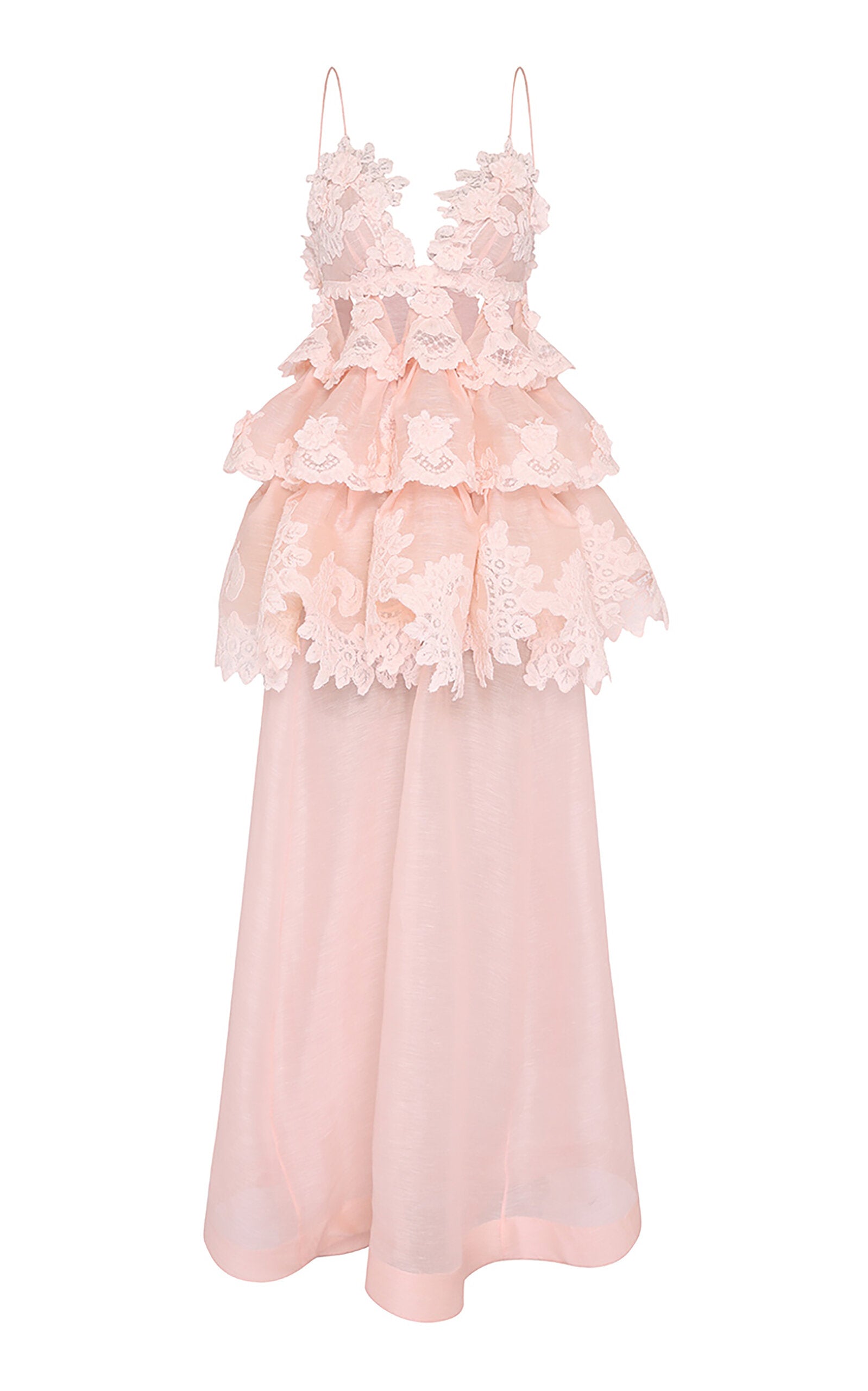 Elevate your style with the Zimmermann Tiered Lace Maxi Dress in delicate light pink. Featuring adjustable spaghetti straps and a flattering V-neck, this dress offers a perfect blend of comfort and elegance. The tiered lace design adds romantic texture, while the rear zip and clasp ensure a secure, tailored fit. Ideal for special occasions, it effortlessly combines sophistication with feminine charm.