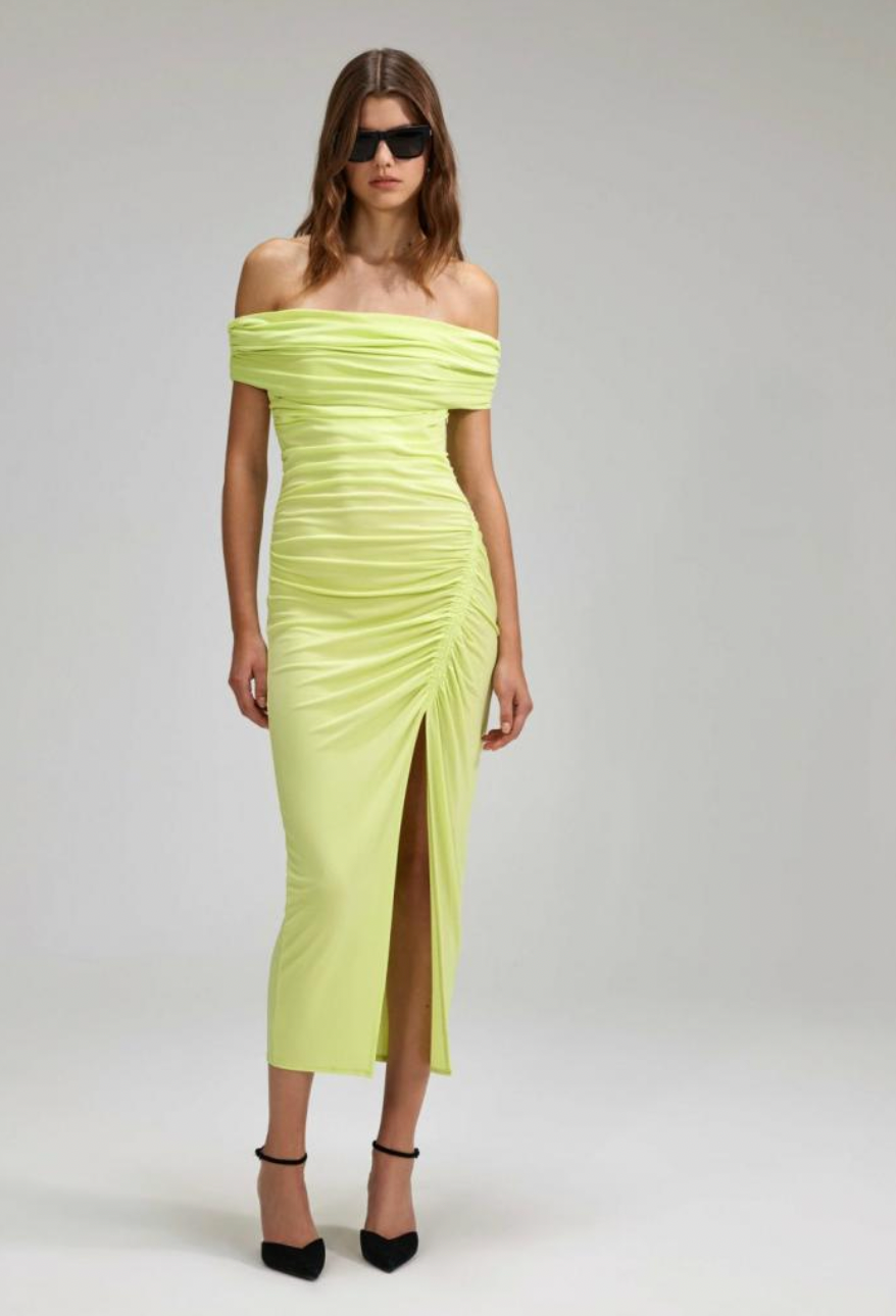 Indulge in luxury with the Selina dress. A masterpiece of art and fashion, this Womens Self-Portrait Midi Dress features an elegant off-shoulder design in vibrant green. Made from high-quality jersey material, it exudes sophistication and exclusivity, perfect for making a statement at any occasion. Elevate your wardrobe with Selina.