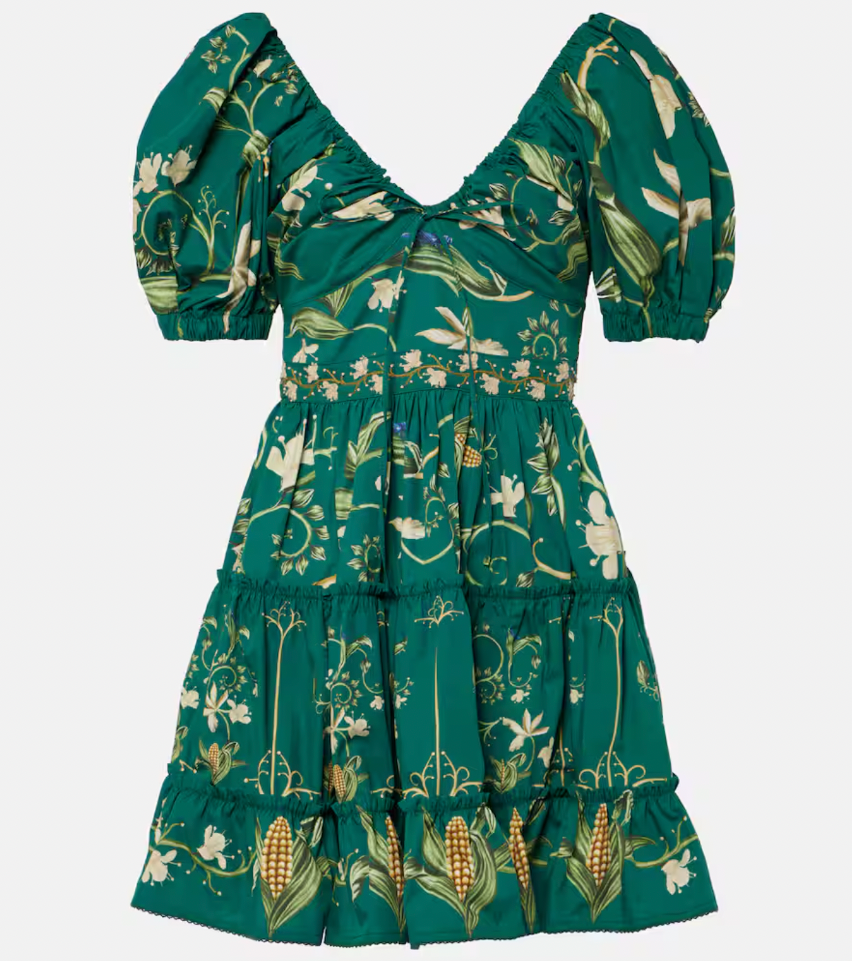 The Manzanilla Mini Dress in Neutral showcases tropical-inspired design through vibrant prints and a breezy, flattering silhouette. Made from 100% cotton poplin, it offers breathability and comfort. Key features include a deep V-neckline with an adjustable drawstring for a customized fit, short puff sleeves that add a touch of elegance, and a tiered A-line skirt that enhances movement and shape. 