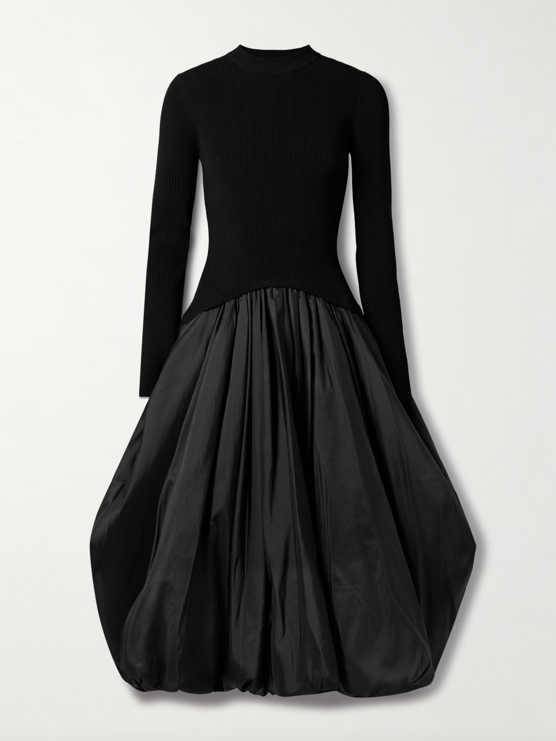 The Kenlie Ribbed-Knit and Taffeta Midi Dress by Simkhai combines a sleek, fitted bodice with a voluminous taffeta skirt that maintains its fullness thanks to soft pleats and a charming bubble hem. This elegant design offers a flattering silhouette that stays graceful whether you’re standing or sitting. Perfect for special occasions, pair it with pumps and understated jewelry to complete a sophisticated and captivating look.
